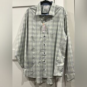 NWT Lorenzo Uomo Trim Fit Perfect Fashion Shirt in Sage Green + Blue Plaid